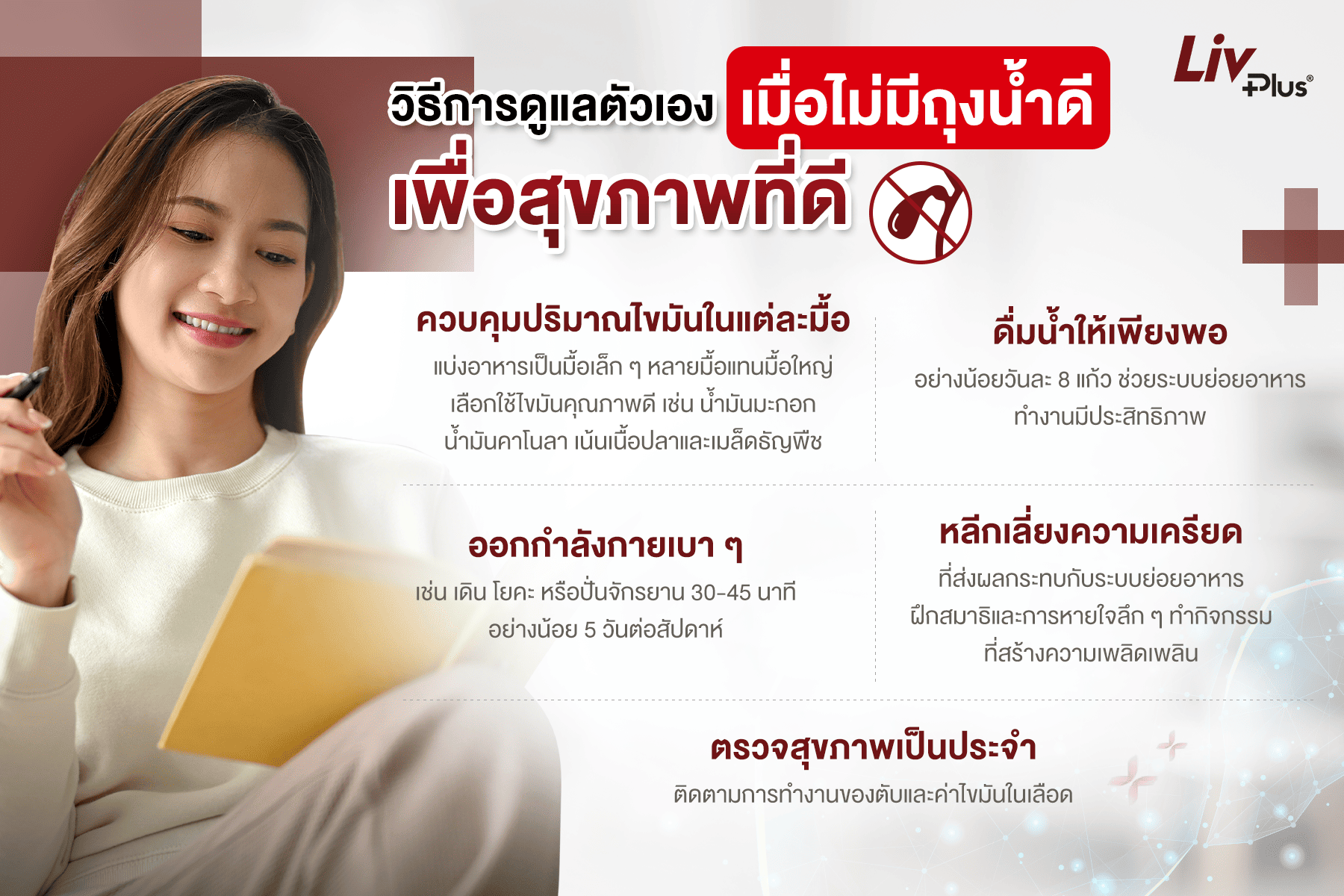 อินโฟกราฟิกวิธีการดูแลตัวเองเมื่อไม่มีถุงน้ำดี เพื่อสุขภาพที่ดี